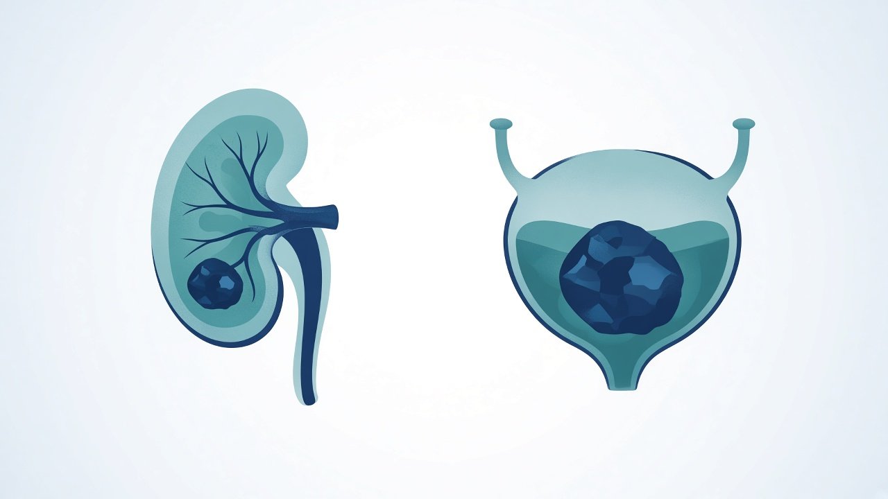 Illustration comparing a kidney stone and a bladder stone