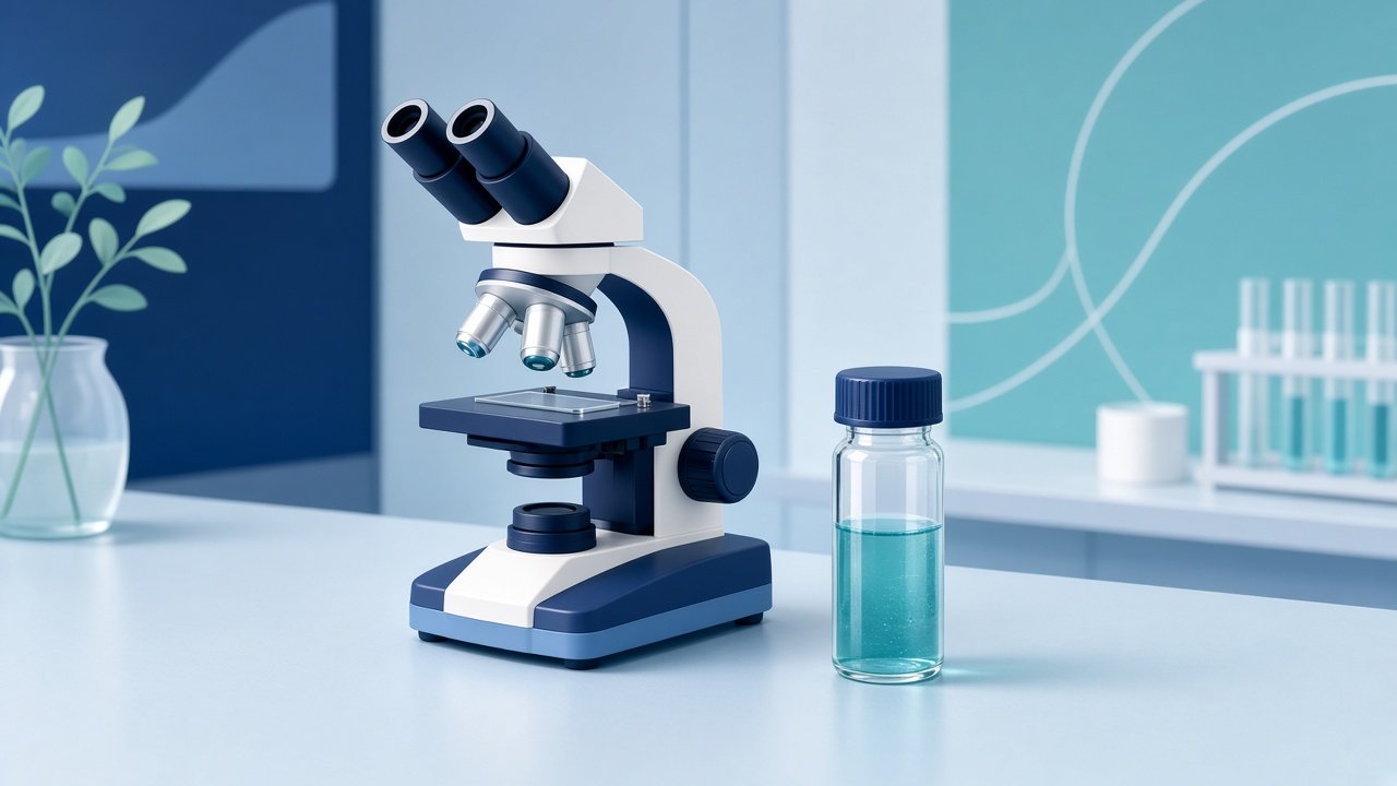 Illustration of a laboratory microscope and a sealed sample vial